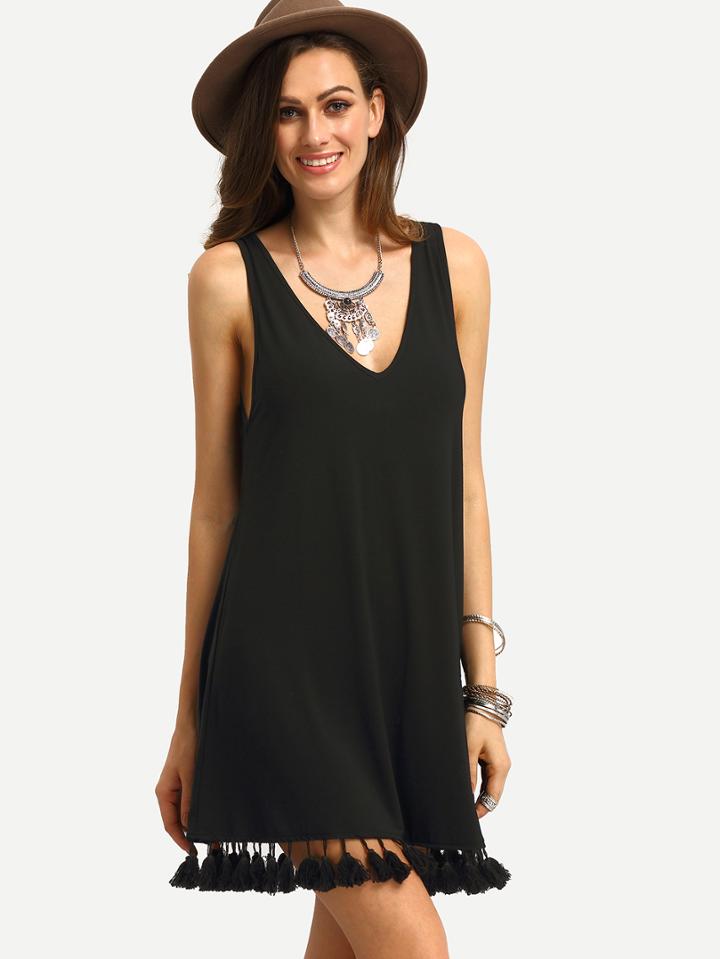 Shein Double V Neck Tassel Trim Dress