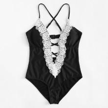Shein Contrast Lace Criss Cross Swimsuit