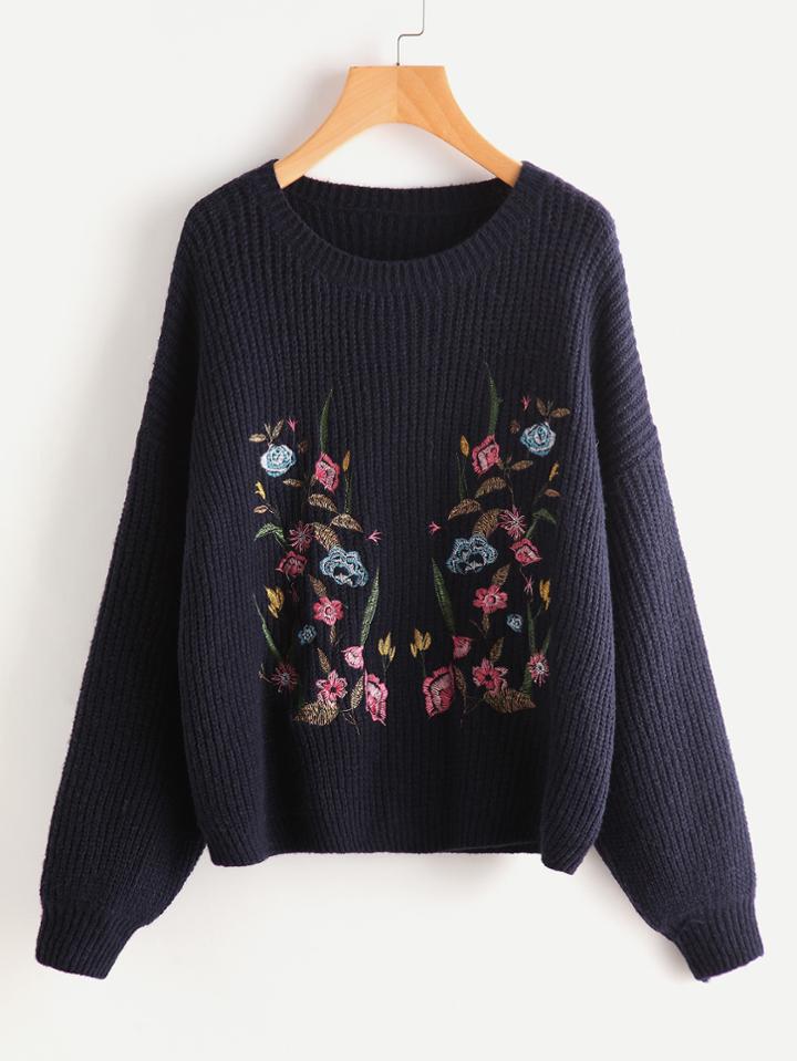 Shein Botanical Embroidered Drop Shoulder Jumper