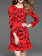 Shein Red Flowers Embroidered Frill Dress