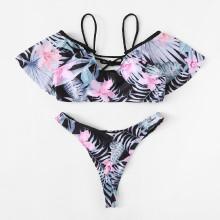 Shein High Leg Tropical Print Bikini Set