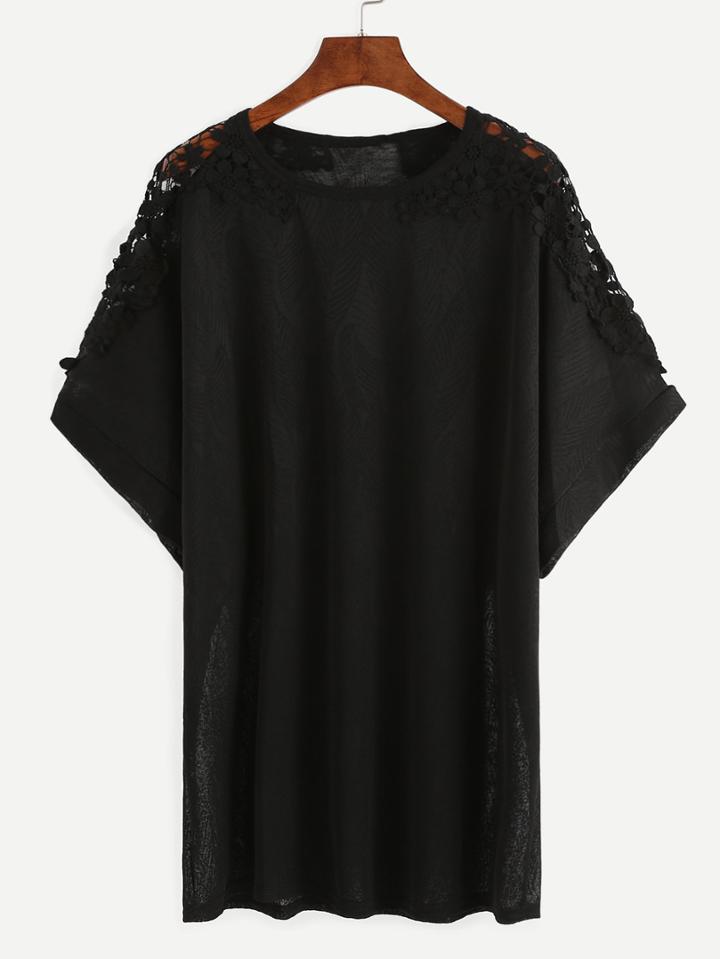 Shein Flower Lace Insert Top - Black