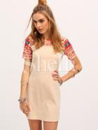 Shein Apricot Tribal Print Yoke Sleeve Round Neck Shift Dress