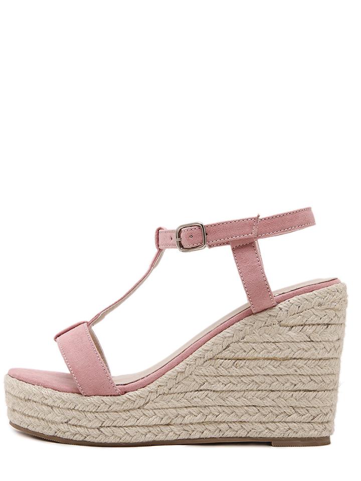 Shein Pink Peep Toe T-shaped Buckle Strap Wedge Heels