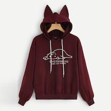 Shein Cartoon And Letter Print Hoodie With Ears