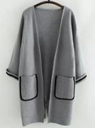 Shein Grey Long Sleeve Pockets Contrast Trims Sweater Coat