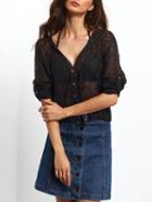 Shein Black Hooded Buttons Sheer Lace Top