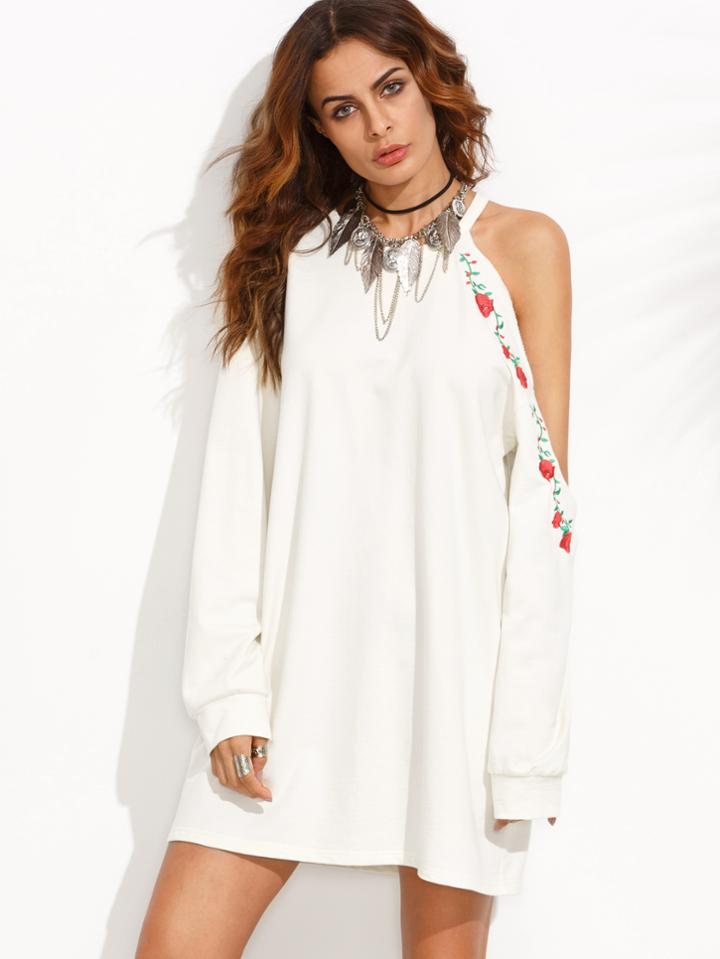 Shein Ivory Cut Out Embroidered Long Sleeve Sweatshirt