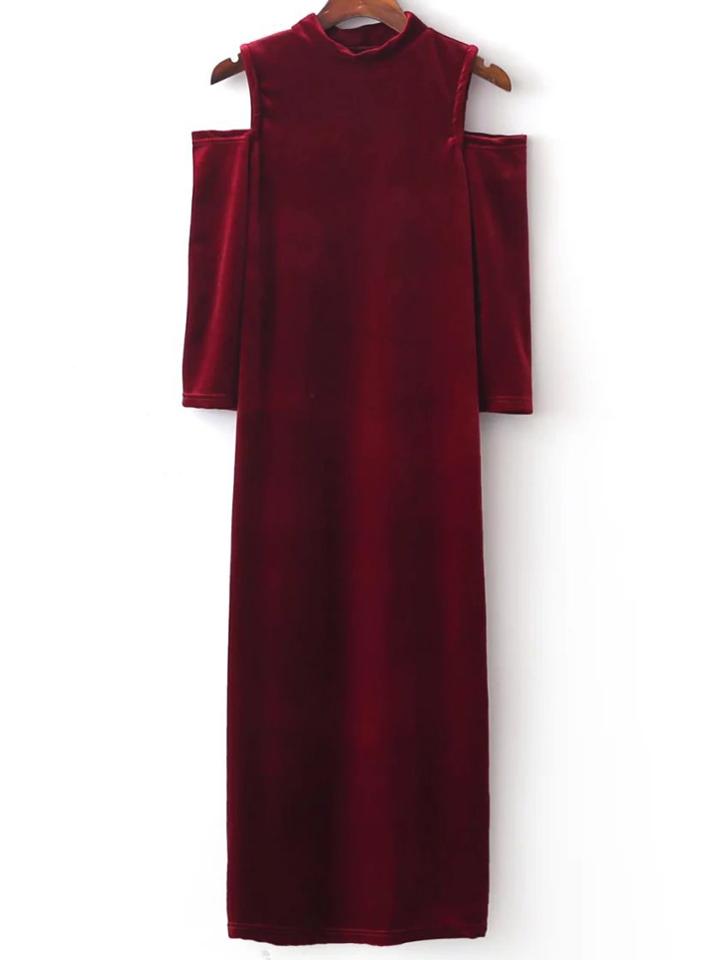 Shein Red Open Shoulder Maxi Velvet Dress