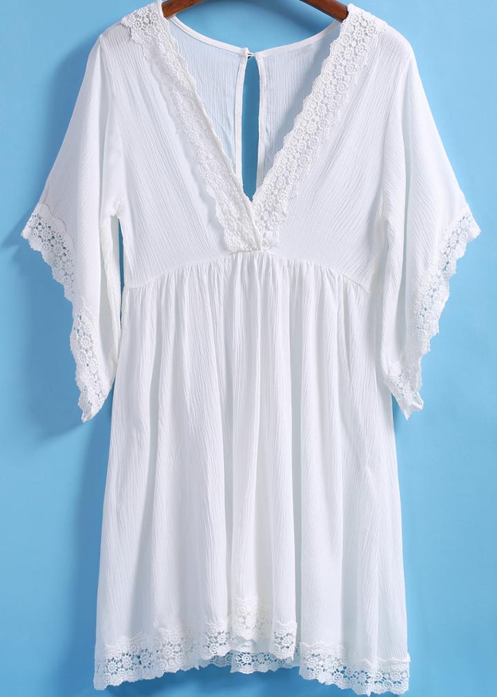 Shein White V Neck Short Sleeve Lace Trims Dress