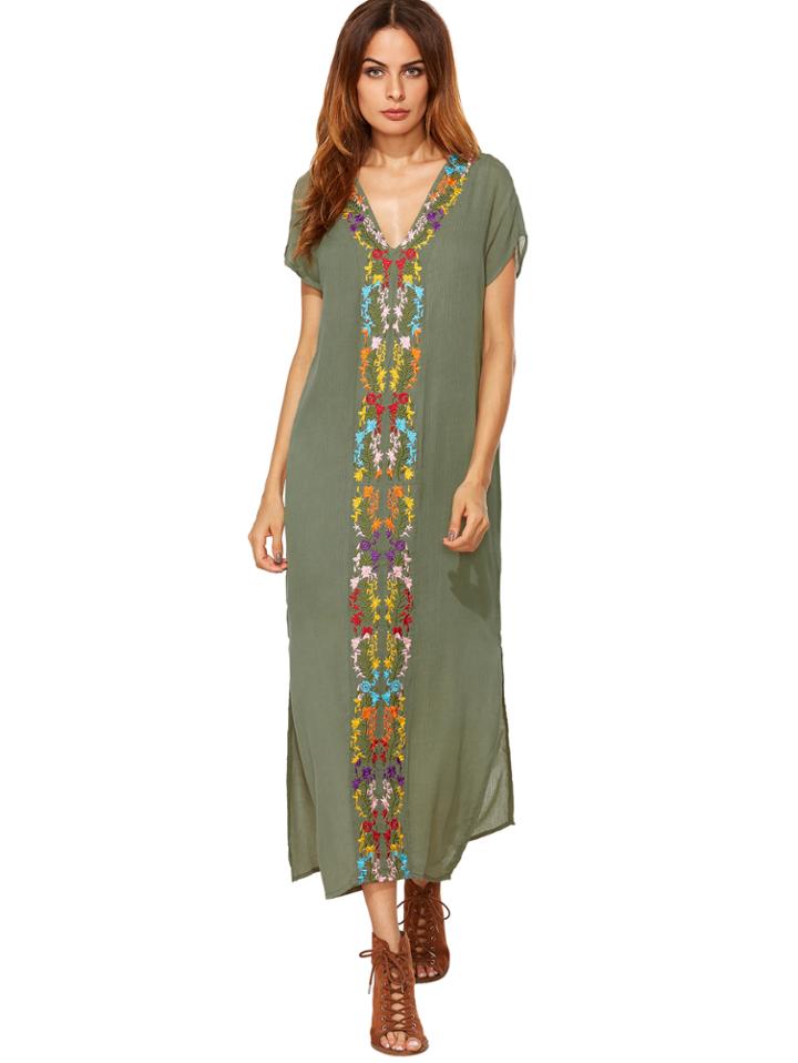 Shein Army Green Placement Print Split Side Maxi Dress