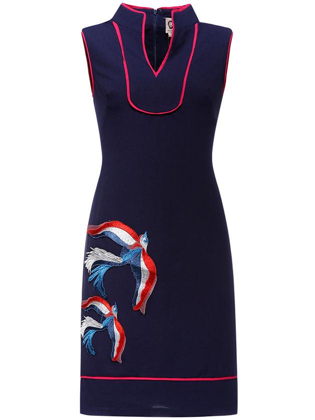 Shein Navy V Neck Birds Applique Pouf Sheath Dress