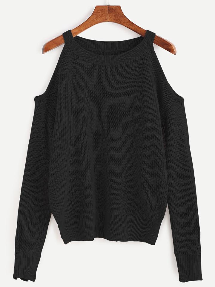 Shein Black Open Shoulder Knit Sweater