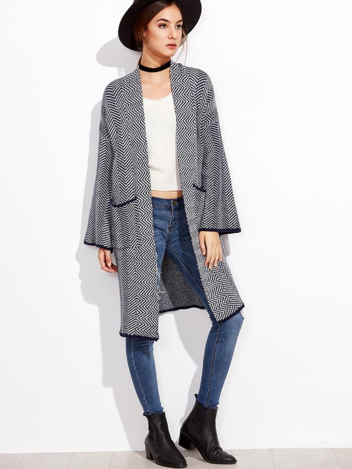 Shein Contrast Trim Chevron Pattern Pockets Sweater Coat