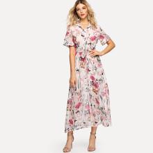 Shein Self Belted Botanical Shirt Dress
