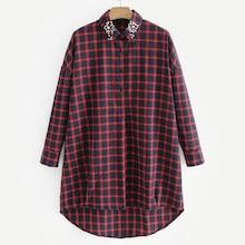 Shein Rhinestone Beaded Curved Hem Plaid Blouse
