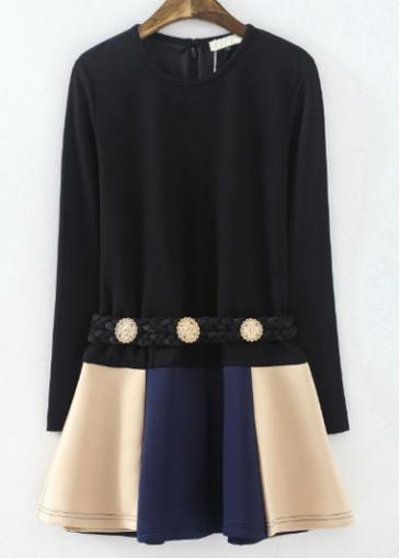 Rosewe Vogue Long Sleeve Round Neck Color Block Dress