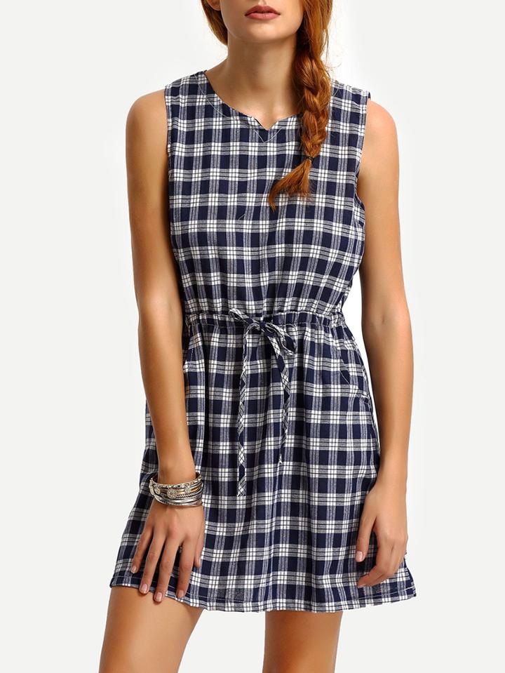 Shein Plaid Drawstring Waist Sleeveless Dress