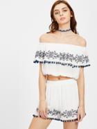 Shein Pom Pom Trim Embroidered Flounce Top And Shorts Co-ord