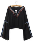 Shein Black Tie Neck Bell Sleeve Embroidery Blouse