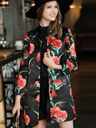 Shein Black Round Neck Long Sleeve Embroidered Print Pockets Coat