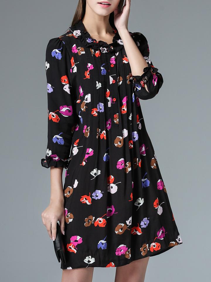 Shein Black Collar Ruffle Sleeve Print Dress