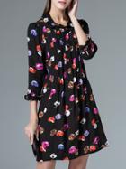 Shein Black Collar Ruffle Sleeve Print Dress