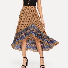 Shein Buttoned Front Asymmetric Hem Ornate Print Skirt