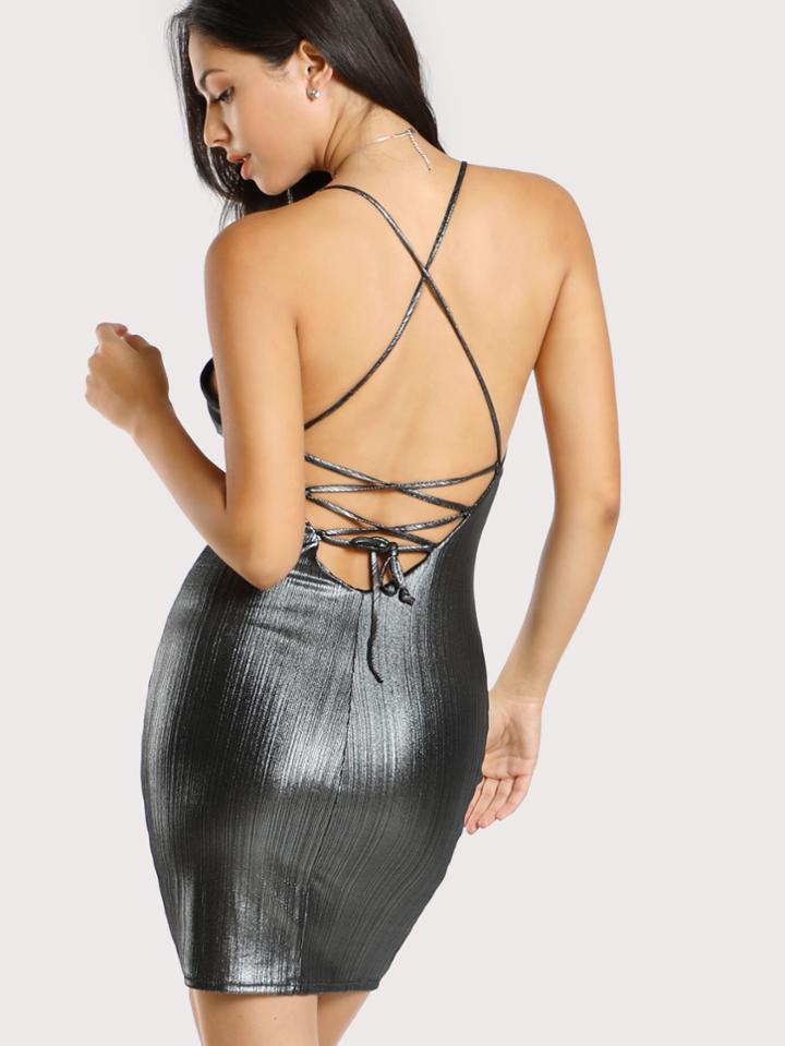 Shein Spaghetti Strap Lace Up Metallic Dress