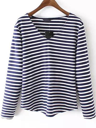 Shein Navy White V Neck Striped Loose T-shirt