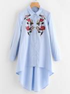 Shein Flower Embroidered Dip Hem Longline Shirt