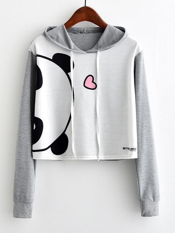 Shein Panda Print Contrast Sleeve Hoodie