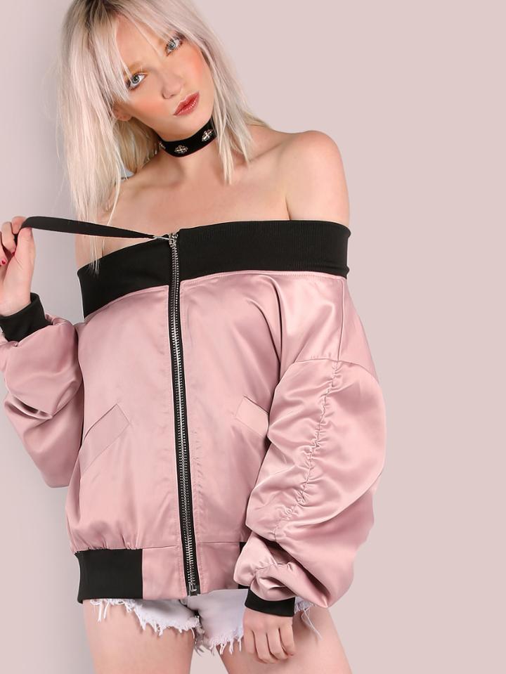 Shein Off The Shoulder Satin Bomber Blush