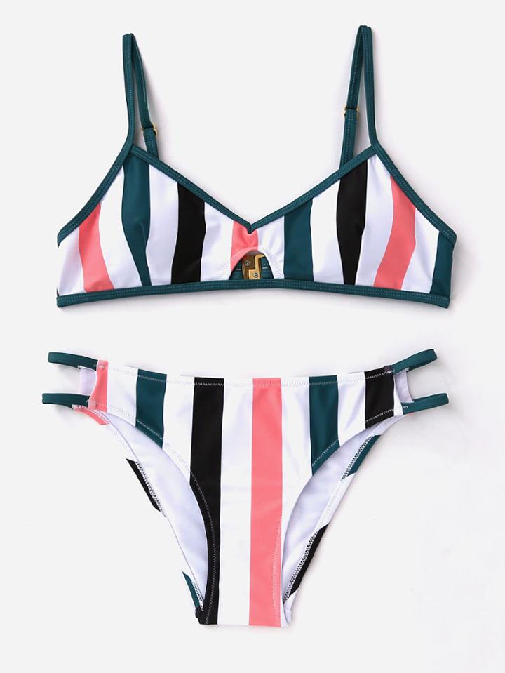 Shein Roman Striped Cut Out Front Bikini Set