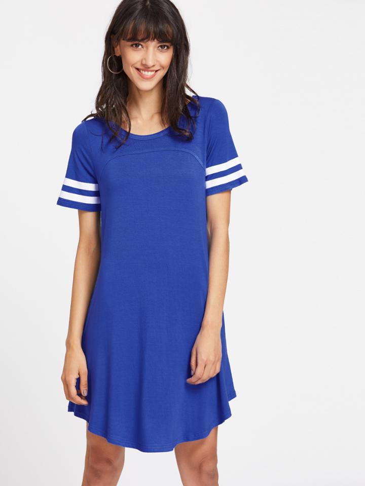Shein Striped Sleeve Curved Flowy Tee Dress
