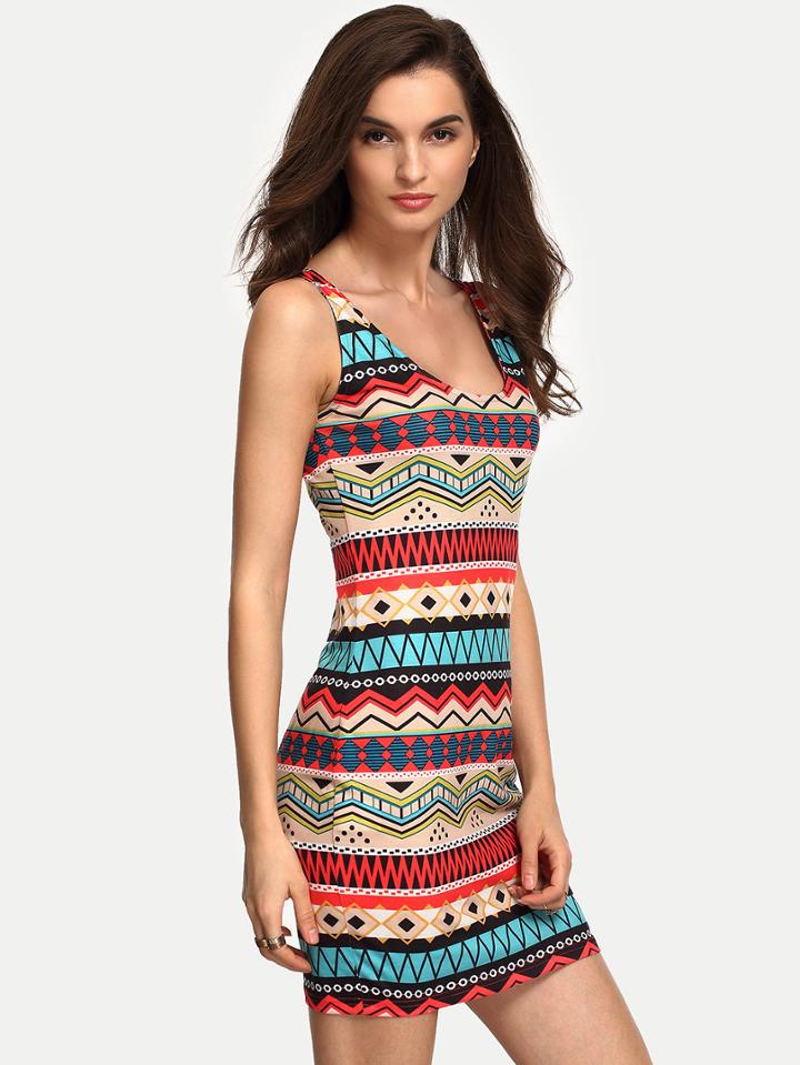 Shein Multicolor Scoop Neck Sleeveless Print Bodycon Dress