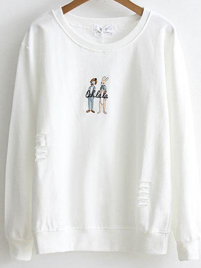Shein White Embroidery Ripped Sweatshirt