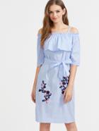 Shein Blue Embroidered Cold Shoulder Shirt Dress With Self Tie