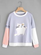 Shein Contrast Sleeve Cat Print Sweatshirt