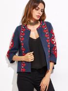 Shein Navy Embroidery Three Quarter Length Sleeve Coat