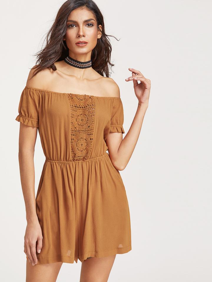 Shein Bardot Neckline Crochet Insert Ruffle Sleeve Romper