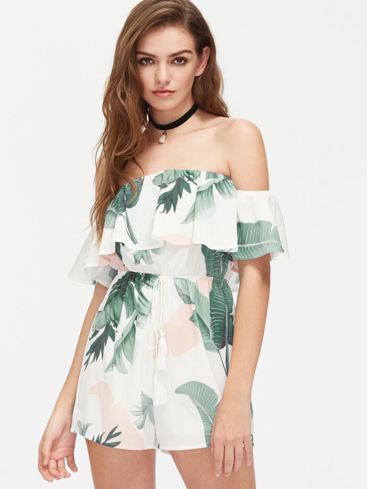 Shein Tasseled Drawstring Waist Tropical Flounce Bardot Playsuit