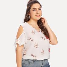 Shein Plus Botanical Print Tie Detail Blouse
