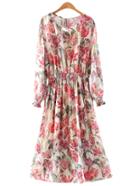 Shein Multicolor Lantern Sleeve Elastic Waist Floral Print Dress