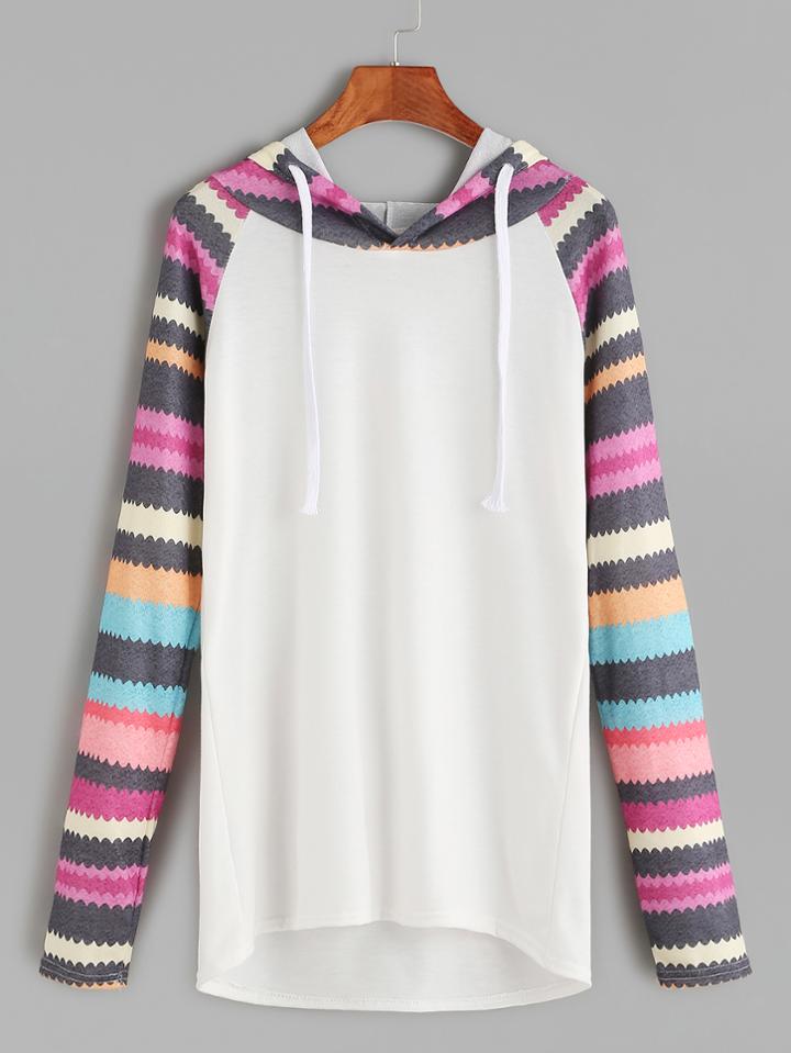 Shein Contrast Printed Raglan Sleeve Hooded Dip Hem T-shirt