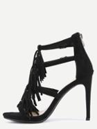 Shein Faux Suede Strappy Fringe Heeled Sandals - Black