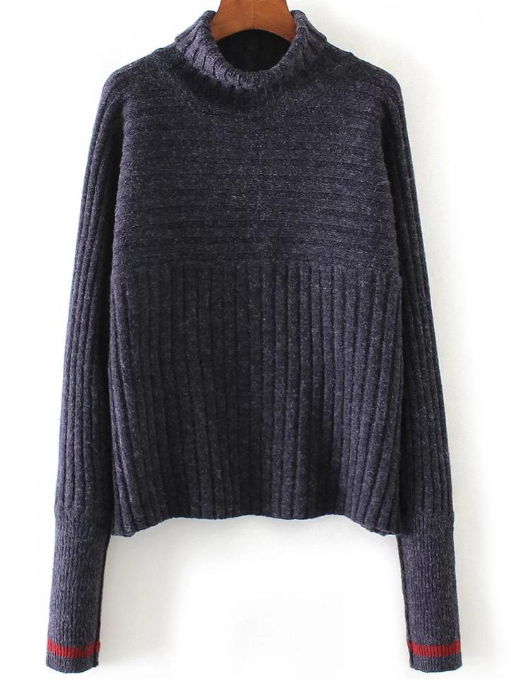 Shein Navy Turtleneck Contrast Cuff Ribbed Sweater