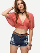 Shein V-neck Slit Tie-back Crop Dolman Sleeve Top - Orange