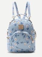 Shein Blue Flower Print Front Pocket Pu Backpack