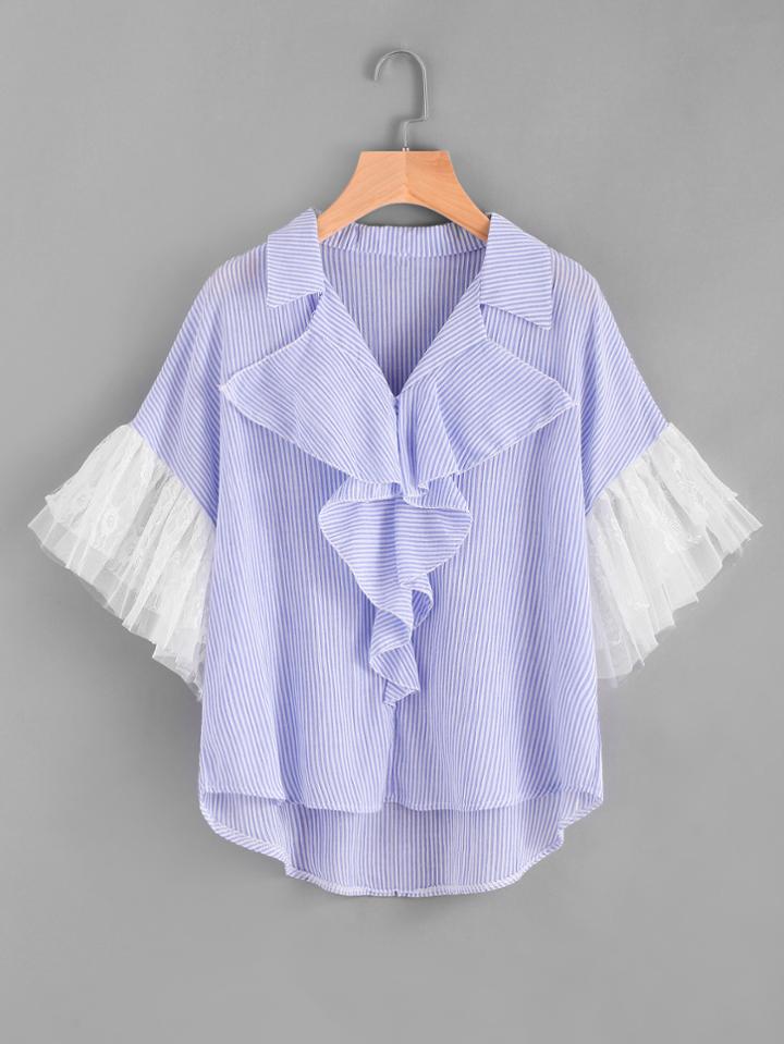 Shein Pinstripe Frill Trim Contrast Lace Cuff Dip Hem Top